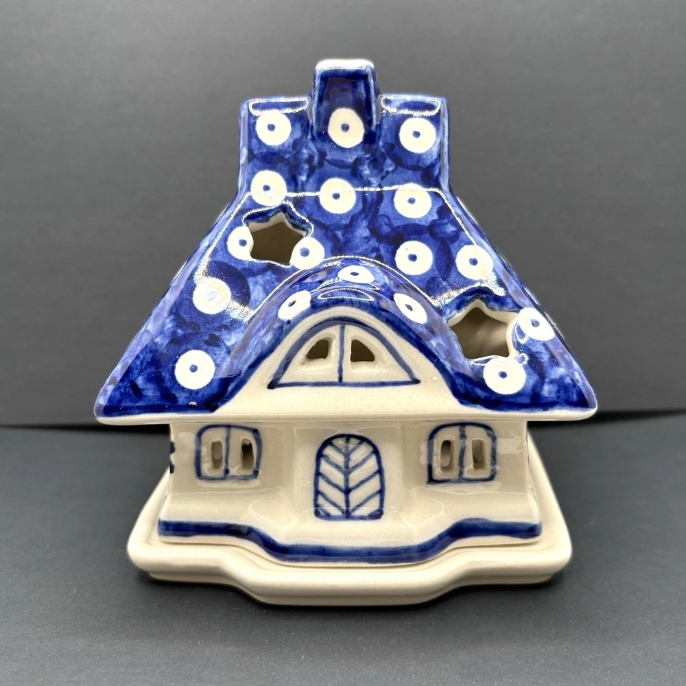 Boleslawiec Polish Pottery by Rydzak Tealight Luminary Candle‎ Holder House Blue
